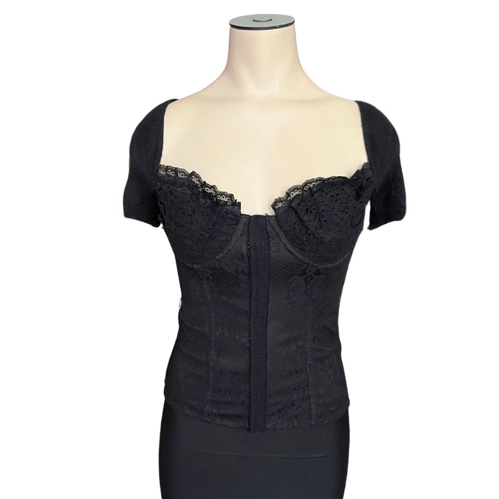 NWT Moda International Corset Top with Angora Rabbit Fur Sleeves // Size Small
